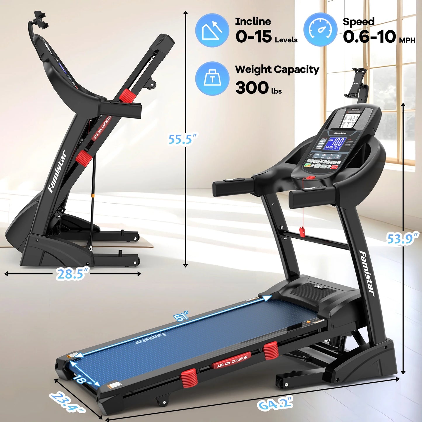 4.5HP Folding Treadmill W/Remote APP Control 300 LB Capacity for Home, 15% Auto Incline Upgrade Hifi Stero Bluetooth Speakers, up to 10MPH Speed for Home Office Workout