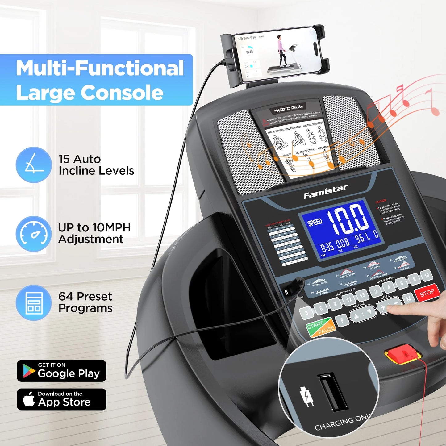 4.5HP Folding Treadmill W/Remote APP Control 300 LB Capacity for Home, 15% Auto Incline Upgrade Hifi Stero Bluetooth Speakers, up to 10MPH Speed for Home Office Workout