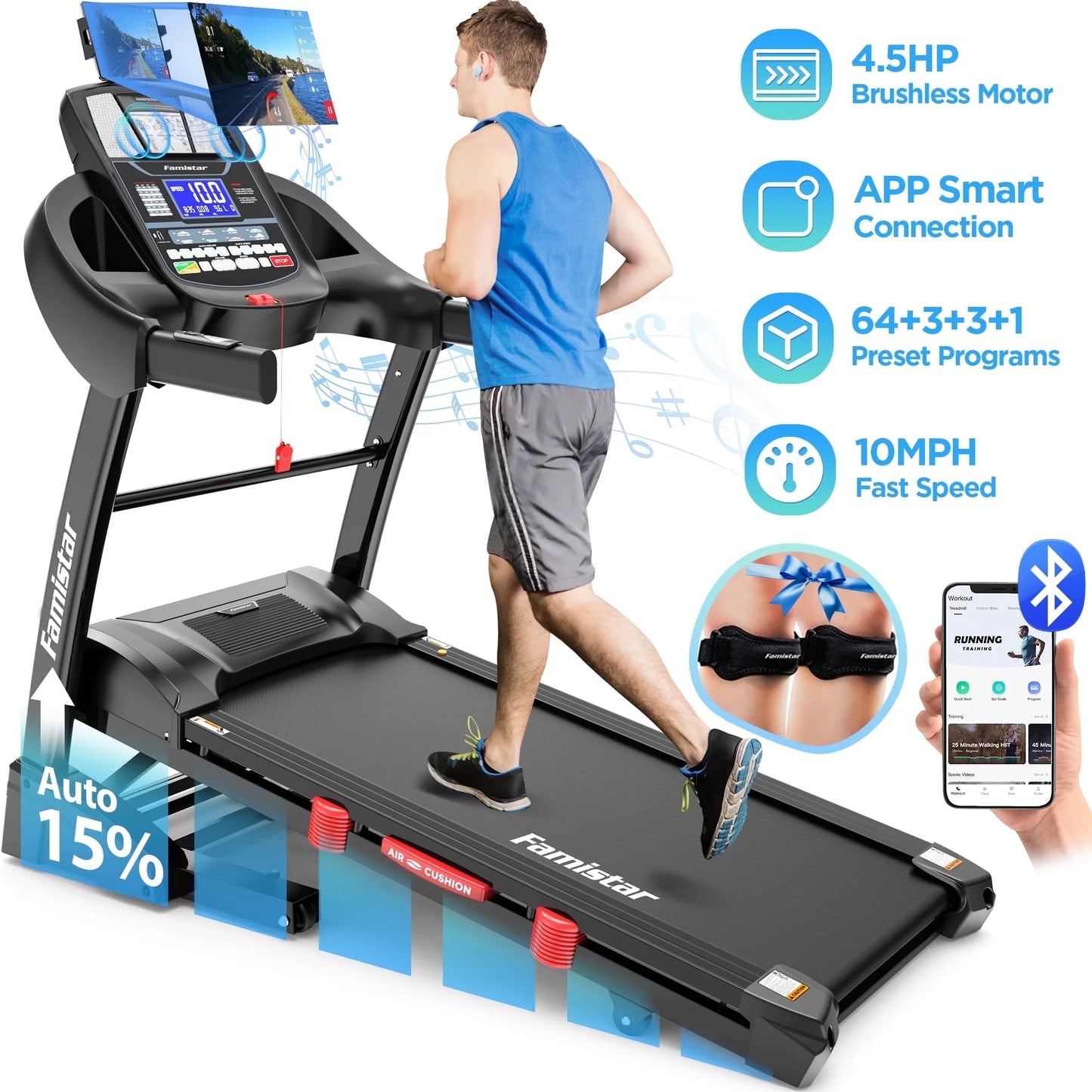 4.5HP Folding Treadmill W/Remote APP Control 300 LB Capacity for Home, 15% Auto Incline Upgrade Hifi Stero Bluetooth Speakers, up to 10MPH Speed for Home Office Workout