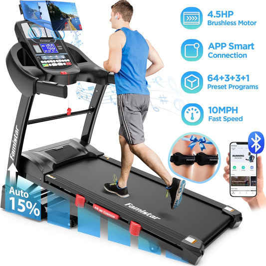 4.5HP Folding Treadmill W/Remote APP Control 300 LB Capacity for Home, 15% Auto Incline Upgrade Hifi Stero Bluetooth Speakers, up to 10MPH Speed for Home Office Workout