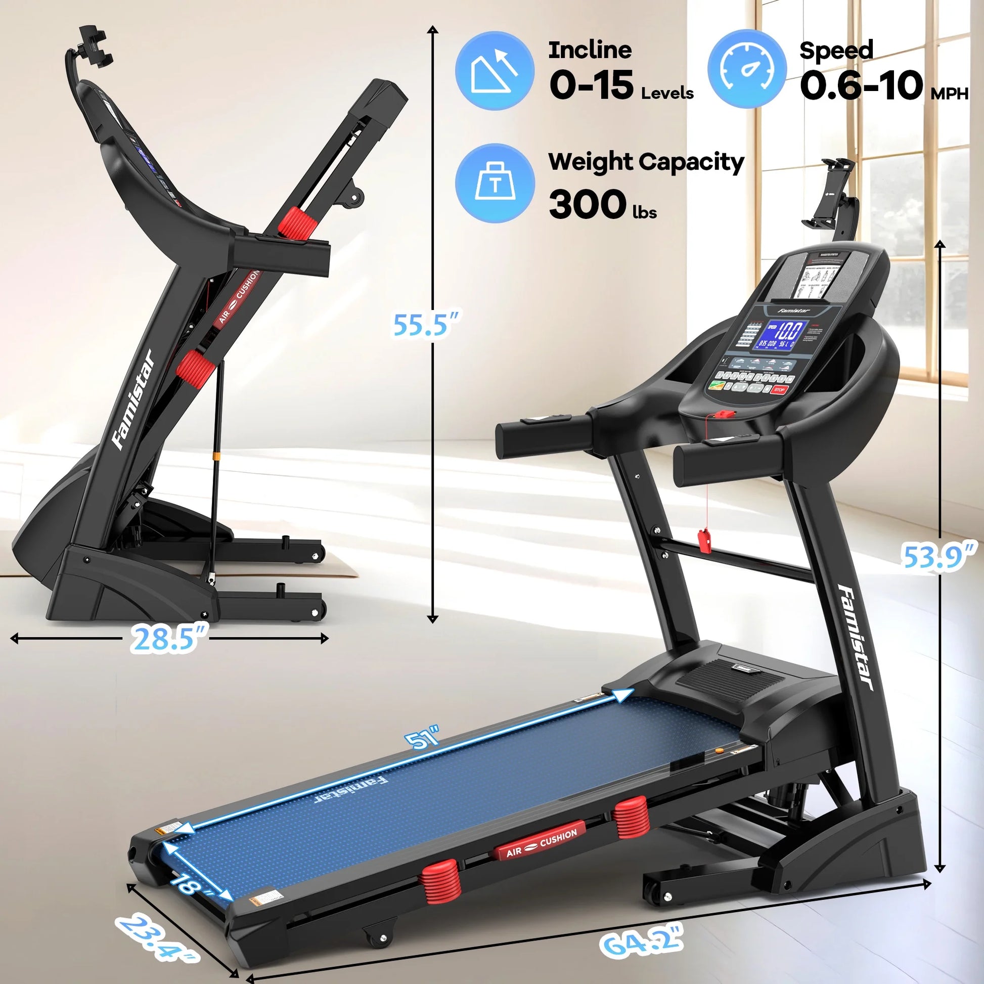 4.5HP Folding Treadmill W/Remote APP Control 300 LB Capacity for Home, 15% Auto Incline Upgrade Hifi Stero Bluetooth Speakers, up to 10MPH Speed for Home Office Workout