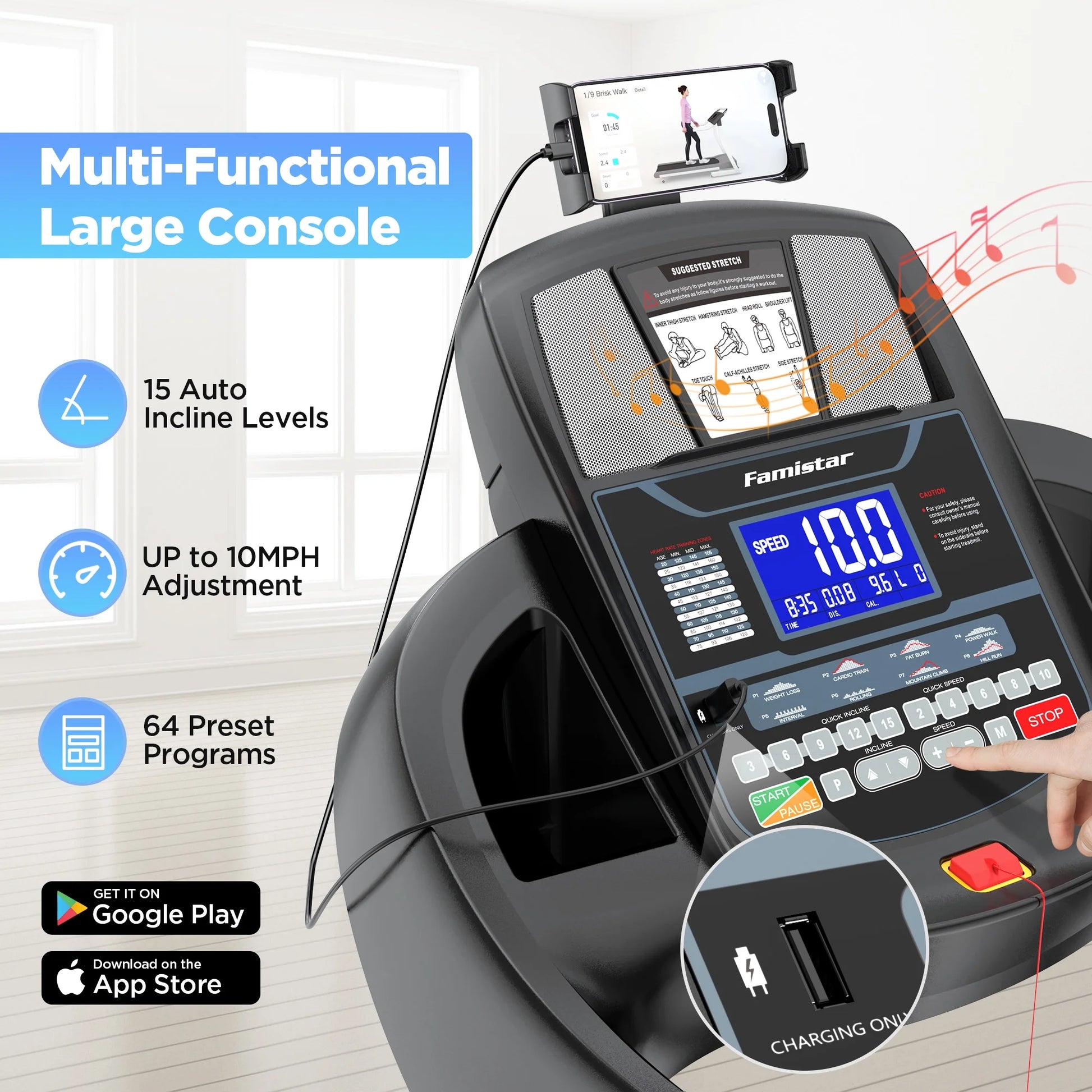 4.5HP Folding Treadmill W/Remote APP Control 300 LB Capacity for Home, 15% Auto Incline Upgrade Hifi Stero Bluetooth Speakers, up to 10MPH Speed for Home Office Workout